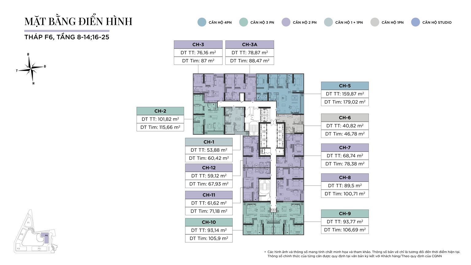 Mặt bằng điển hình tòa F6 tầng 8-14,16-25 dự án Sun Feliza Suites Cầu Giấy