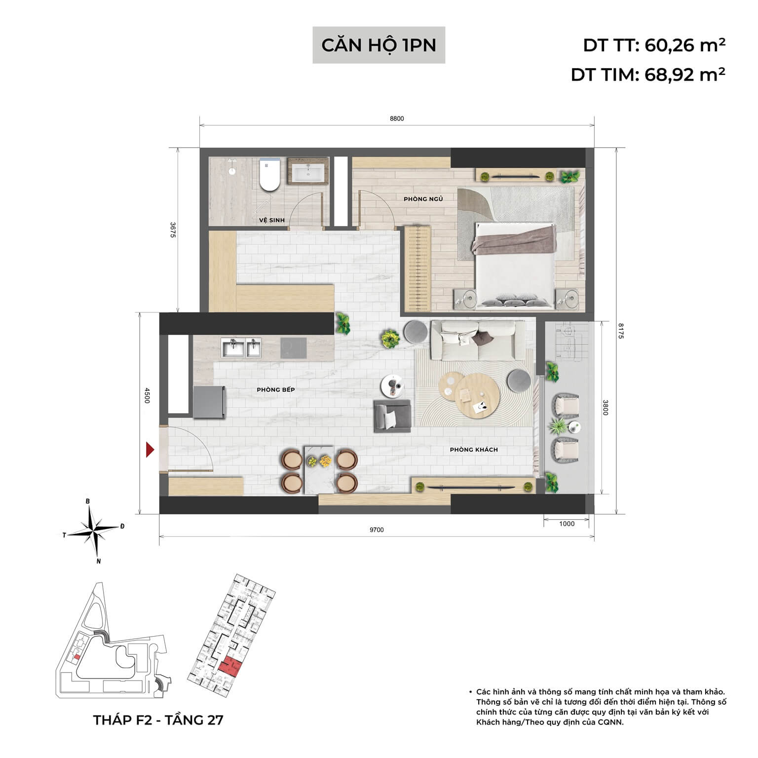 Thiết kế căn hộ 1 phòng ngủ dự án Sun Feliza Suites Cầu Giấy
