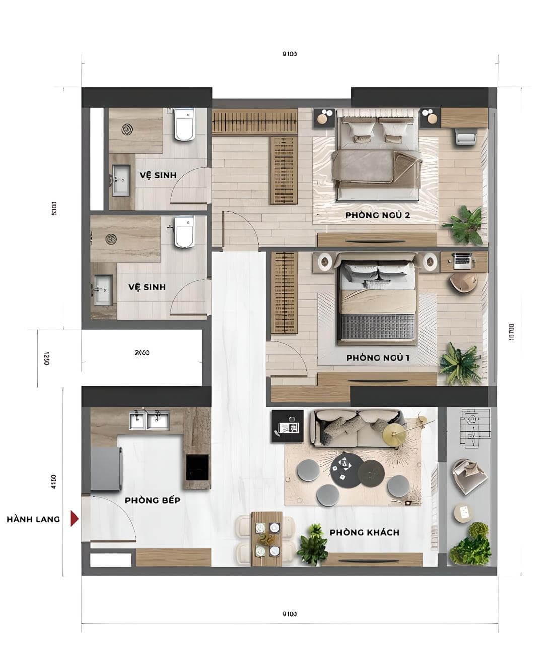 Thiết kế căn hộ 2 phòng ngủ dự án Sun Feliza Suites Cầu Giấy