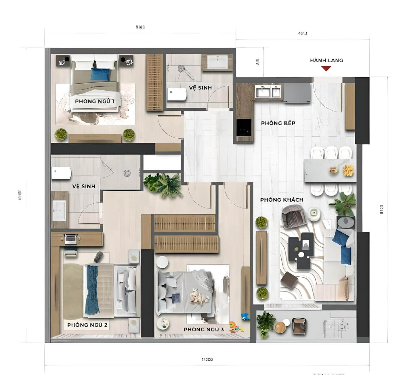 Thiết kế căn hộ 3 phòng ngủ dự án Sun Feliza Suites Cầu Giấy