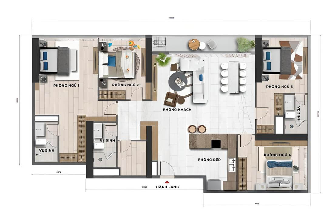 Thiết kế căn hộ 4 phòng ngủ dự án Sun Feliza Suites Cầu Giấy